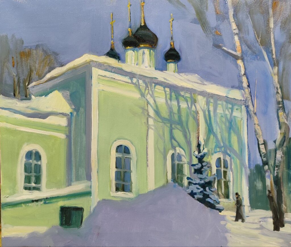 «Зимний свет Болтино»: художник Александр Бобров провёл пленэр у стен храма